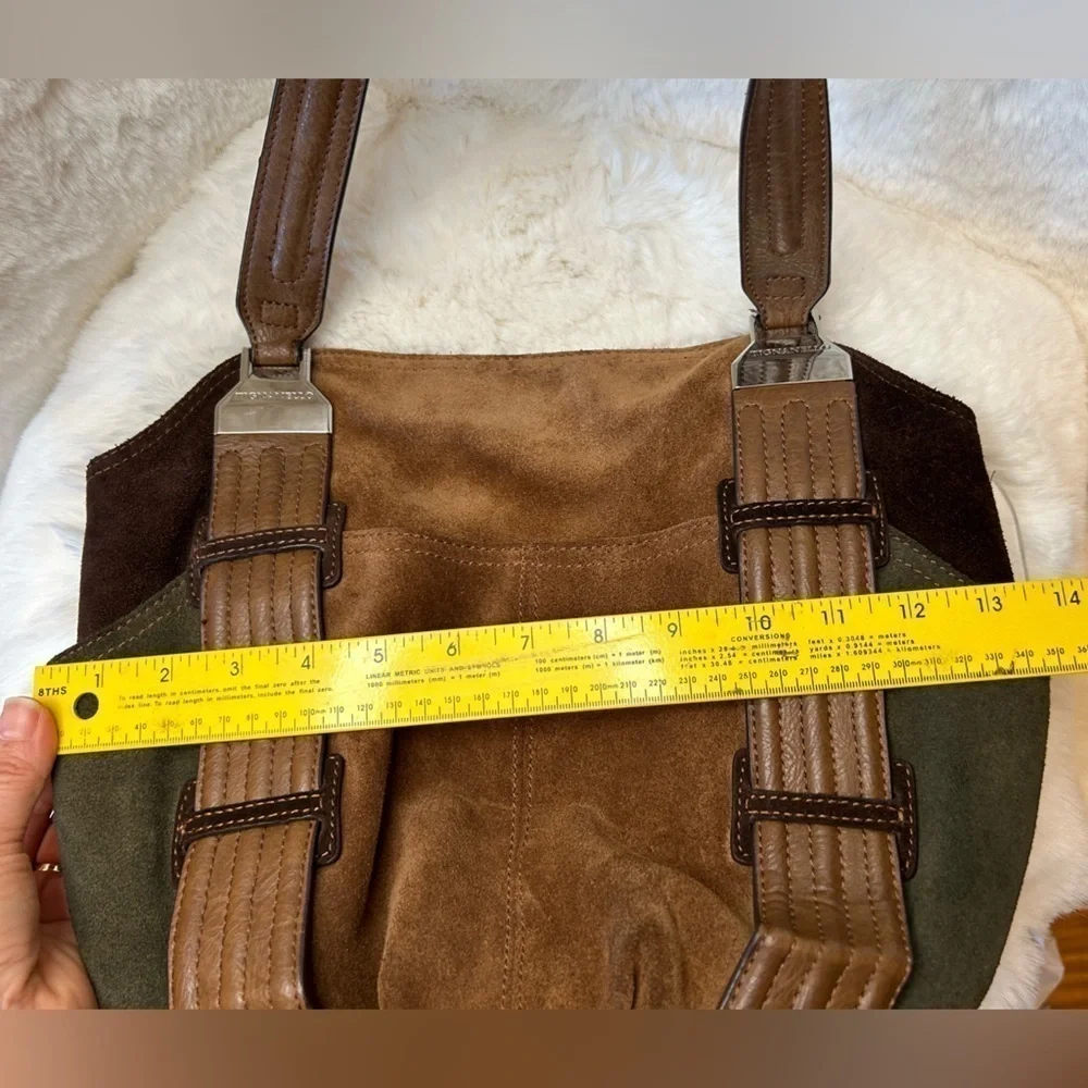 Tignanello brown suede leather colorblock shoulder bag purse w magnetic snap. H